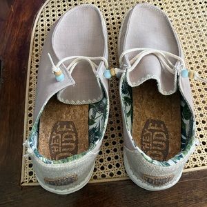 Hey Dudes, women’s, tan with gold glitter accents